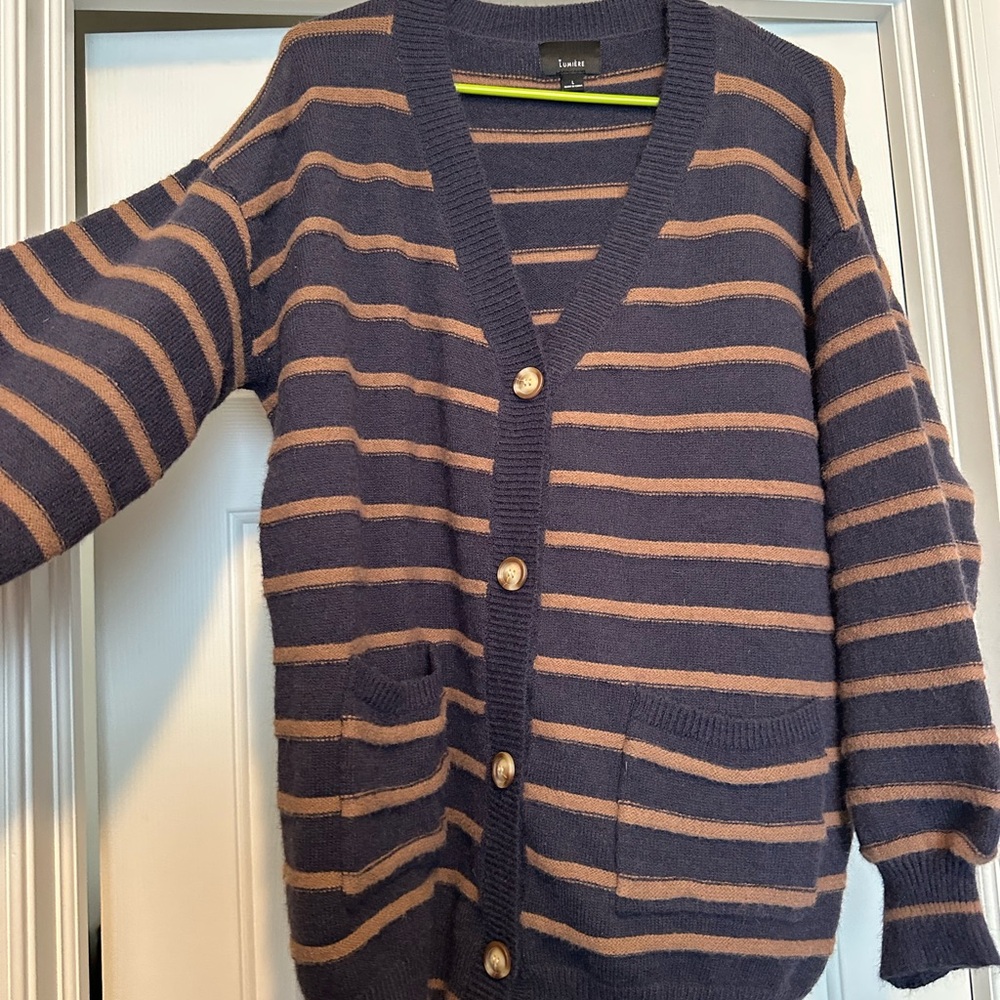 Oversized Striped Navy and Tan Women's Sweater
